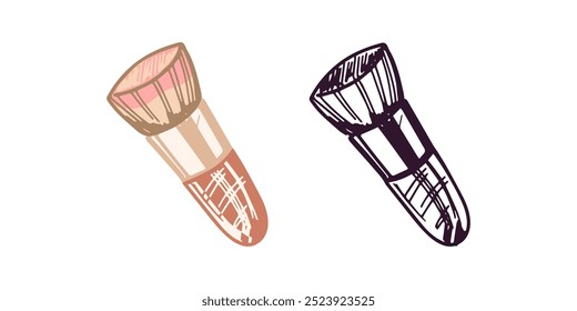 Hand-drawn cosmetic brush, beauty cosmetic element, self care. Illustration for beauty salon, cosmetic store, makeup design. Doodle sketch style. 