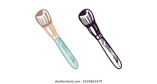 Hand-drawn cosmetic brush, beauty cosmetic element, self care. Illustration for beauty salon, cosmetic store, makeup design. Doodle sketch style. 