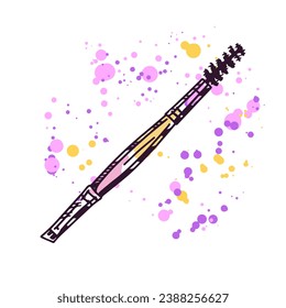 A hand-drawn cosmetic brush and eyelash brush, an element of cosmetics for beauty, self-care on a watercolor pastel background with splashes of paint. Illustration for a beauty salon. Doodle sketch.