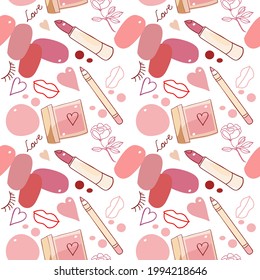 Hand-drawn cosmetic seamless endless pattern. Cosmetics, lipstick, blush, pink shades. For wallpaper packaging, scrapbooking, textiles, beauty salons, bachelorette parties.