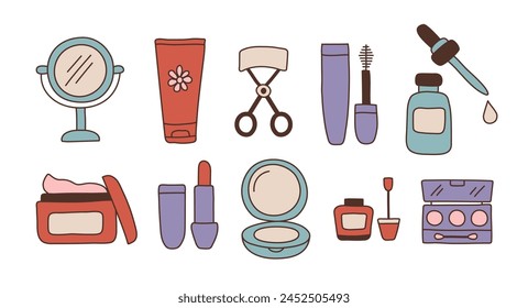 Conjunto de ilustración de cosméticos dibujados a mano, productos de belleza, artículos esenciales de maquillaje, iconos de cuidado de la piel, Elementos de diseño creativos para blogs y salones de belleza