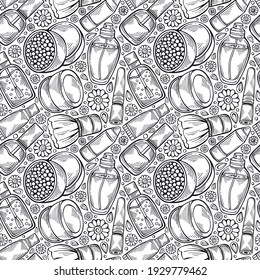 Cosméticos hechos a mano y un patrón impecable. Productos y herramientas de belleza - lápiz labial, cepillo, polvo, crema, esmalte de uñas, perfume. Accesorios para mujer. Ilustración del vector