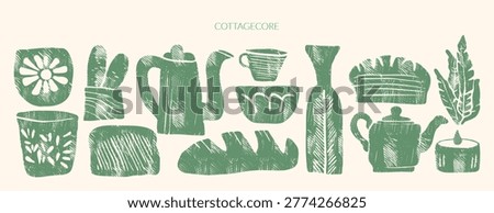Hand-drawn cottagecore collection featuring linocut style kitchenware, bread, and botanical element in a rustic green block print aesthetic