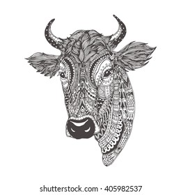 Hand-drawn cow with ethnic floral doodle pattern. Coloring page - zendala, design for spiritual relaxation for adults, vector illustration, isolated on a white background. Zen doodles.