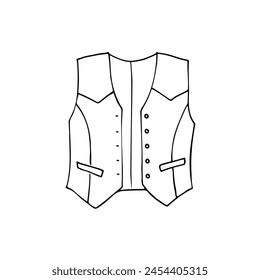 Hand-drawn cowboy waistcoat. Men's clothing in doodle style. Vector illustration of a men's cowboy traditional garment. Isolated on white background. 