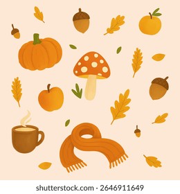 Hand-drawn cozy autumn set featuring pumpkin, acorns, mushrooms, apples, hot coffee cup, warm scarf, and colorful fall leaves. 