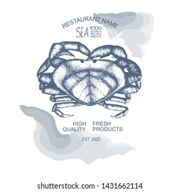 Hand-drawn crab  isolated on white background.  For your design, announcements, cards, posters, restaurant menu. Blue and white.