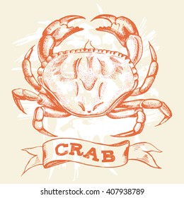 Hand-drawn crab. Vector Illustration. Template for design seafood shop or restaurant.