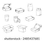 hand-drawn craft boxes and coffee cups set. Lunch bags, mail boxes, and coffee cups closed and opened. 