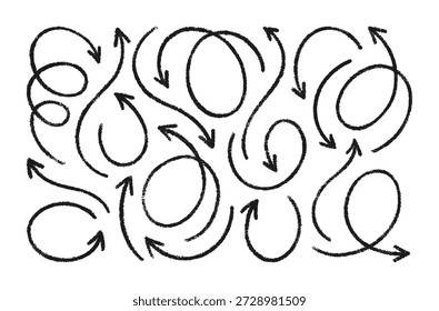 Conjunto de iconos de flecha de crayón dibujado a mano. Doodle de Vector con textura de lápiz, ondulado, curvado, circular, primavera y líneas en espiral en negrita negra. Dibuja Elementos o Plantillas de tiza para promoción y Diseño web.