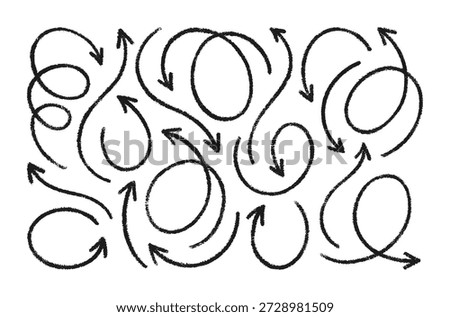 Hand-Drawn Crayon Arrow Icon Set. Vector Doodle with Pencil Texture, Wavy, Curved, Circular, Spring, and Spiral Lines in Bold Black. Sketch Chalky Elements or Templates for Promo and Web Design.