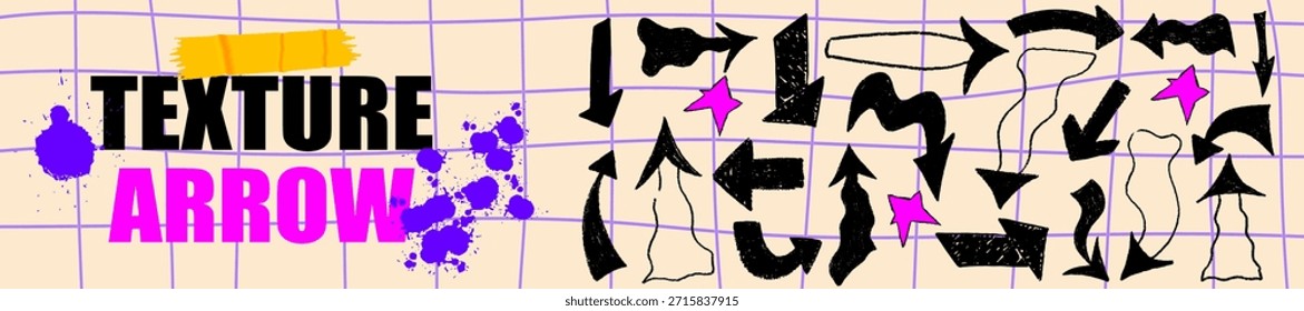 Hand-drawn crayon arrow pack with vivid y2k mood. Scrapbook-inspired design adds dynamic texture to y2k scrapbook compositions.