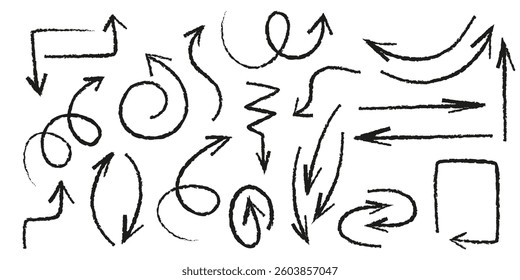 Handdrawn crayon arrows set - various curved, straight, twisted shapes with different thickness and direction. Freehand pointers, map indicators, grunge navigation symbols for ui, sign design.