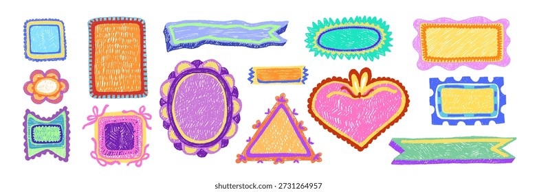 Borde de crayón dibujado a mano con lindas Formas de garabatos y marcos de cajas de colores, ideal para obras de arte infantiles, proyectos de jardín de infantes y diseños de Vectores juguetones. Vector lápiz textura colección