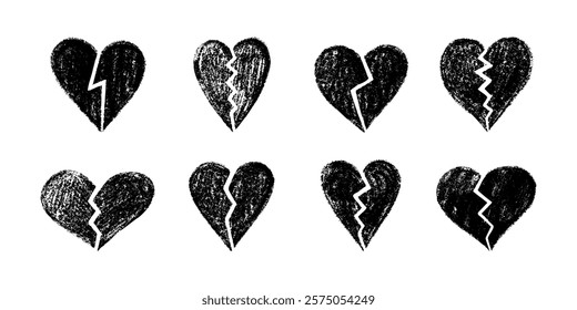 Hand-drawn crayon broken hearts set in black and white style

