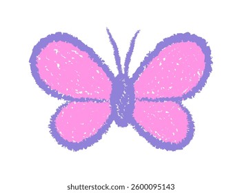 Hand-drawn crayon butterfly in purple and pink colors. Simple doodle chalk icon isolated on white background.