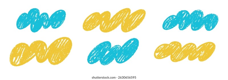 Hand-drawn crayon clouds with pastel colors. Children sketch elements and school chalkboard. Flat vector illustration isolated on white background.