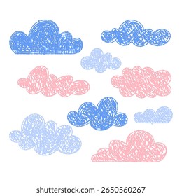 Hand-drawn crayon clouds set. Kids elements for preschool materials. Playful sky. Cute cartoon weather symbols. Vector illustration. Isolated on white background