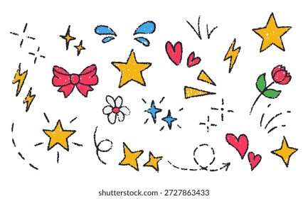 Handgezeichnete Stift-Doodle-Elemente mit einer Grunge-Bleistift-Textur, mit Kritzeleien von Herzen, Sternen und Pfeilen. Einfache, skurrile Dekorationen mit rauen, skizzenhaften Linien. Vektorgrafik.