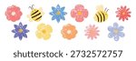 Hand-drawn crayon flowers and bees set with pastel textures. Cute vector chalk elements for spring designs, stickers, greetings and kids illustrations.