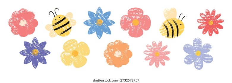 Hand-drawn crayon flowers and bees set with pastel textures. Cute vector chalk elements for spring designs, stickers, greetings and kids illustrations.