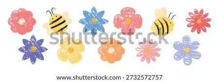Hand-drawn crayon flowers and bees set with pastel textures. Cute vector chalk elements for spring designs, stickers, greetings and kids illustrations.