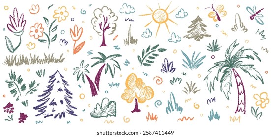 Hand-drawn crayon forest set. Palm, tree, fir, green grass and tropical jungle leaves, texture silhouette elements. Grunge brush texture. Hand drawn Vector illustration