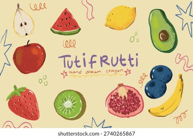 Hand-drawn crayon fruit set, vibrant pop colors with waxy texture.