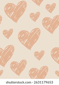 Patrón de corazón de crayón dibujado a mano en color marrón sobre fondo marrón. Textura linda sin costuras para uso romántico, estético y de proyectos para niños.