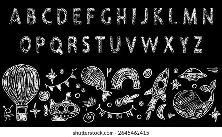 Hand-drawn crayon illustration featuring space and ocean elements with playful English lettering.