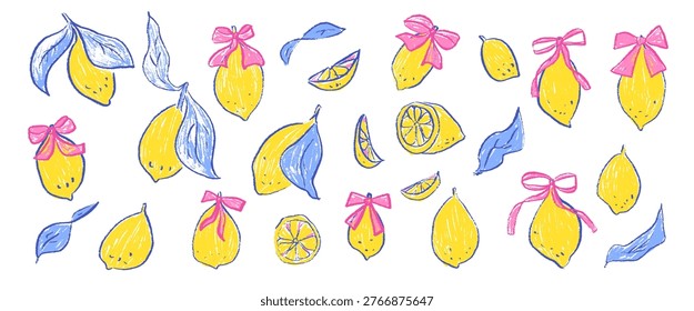 Hand-drawn crayon lemons and bow. Coquette whimsical citrus fruit set with Italian Amalfi coast vibes. Girly ribbons and fresh fruits. Vector lemon whole and half scribble pencil isolated no bg.