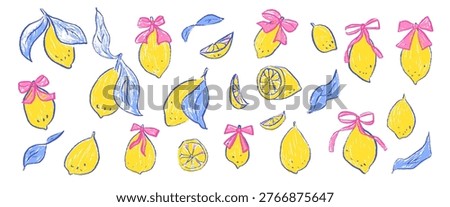 Hand-drawn crayon lemons and bow. Coquette whimsical citrus fruit set with Italian Amalfi coast vibes. Girly ribbons and fresh fruits. Vector lemon whole and half scribble pencil isolated no bg.