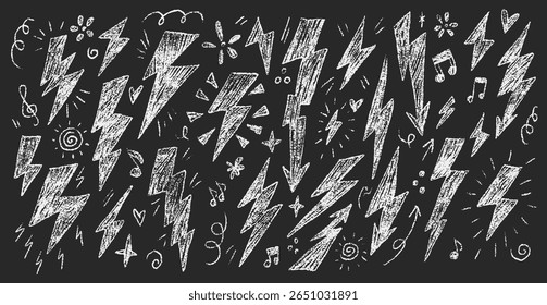 Hand-Drawn Crayon Lightning Bolts and Symbols on Chalkboard Background