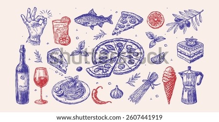 Hand-drawn crayon sketch style vector illustration of Italian food and drinks, such as pizza, wine, pasta, and ice cream, with elements like a coffee maker and olive branches,  the Dolce Vita concept
