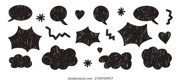 Handgezeichnete Buntstift-Sprechblasen, Wolken, Knall. Satz von Doodle-Hintergrund. Freeform schwarze Kritzelfiguren. Pfeil, Sterne, Wolke, Dialog-Textfeld, Herz. Abstrakte geometrische Vektorgrafik.
