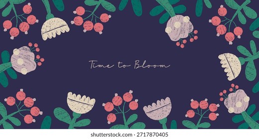 Hand-drawn Crayon Spring Floral Poster. Blooming Flower, Plants and Berry on Dark Background. Primitive botanical Textured Vector horizontal illustration. Not AI