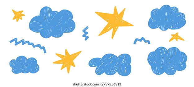 Hand-drawn crayon stars, clouds. Set of doodle nigh sky elements. Freeform kid scribble cloud, zigzag, spark figures. Promo callouts. Pastel chalk vector illustration isolated on white background.