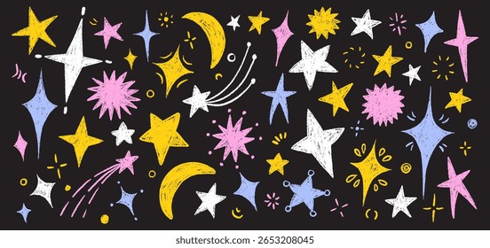 Hand-drawn crayon stars and pastel doodles - childish chalk texture elements for school projects, stickers, or kid s illustrations. Playful vector colorful stars set.