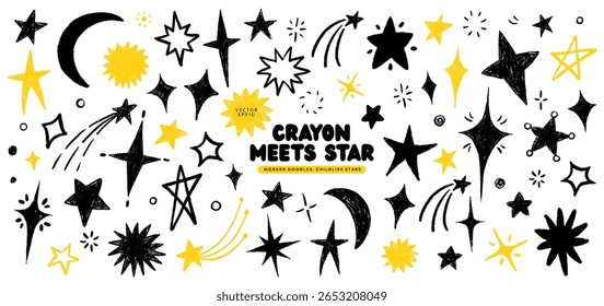 Hand-drawn crayon stars and pastel doodles - childish chalk texture elements for school projects, stickers, or kid s illustrations. Playful vector colorful stars set.