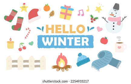 Hand-drawn crayon style winter elements covering cute decorations and Christmas motifs