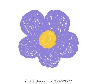 Hand-drawn crayon-style doodle flower in purple and yellow colors isolated on white background. Chalk print illustration.
