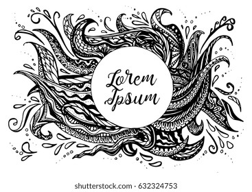 Hand-drawn crazy doodle frame with lettering Lorem Ipsum. Outline design for postcard, banner, poster, etc. Zentagle logo design. Vector illustration