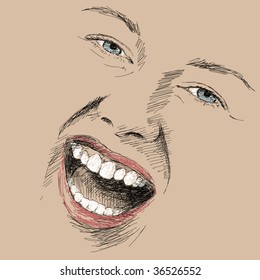 Hand-drawn crazy smile face. Vector