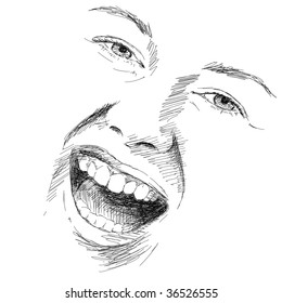 Hand-drawn crazy smile face. Vector