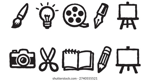 Hand-drawn creative icons set featuring paintbrush, camera, film reel, and easel, ideal for arts and crafts projects.