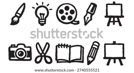 Hand-drawn creative icons set featuring paintbrush, camera, film reel, and easel, ideal for arts and crafts projects.