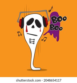 Hand-drawn creepy ghost with music headphones, music note, and speech bubble. Cute cartoon spooky character. Greeting card. Vector illustration for posters, decoration, and print for Halloween.