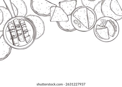 Hand-drawn crepes, thin pancakes. Vector background. Sketch  illustration.