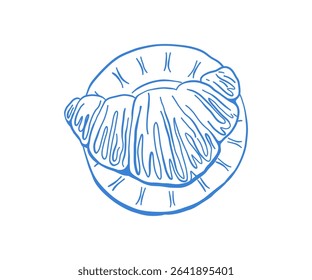 Hand-drawn croissant in blue line art style with Mediterranean vibe. Sketch of flaky pastry on a plate, ideal for bakery branding, cafe menu design, or food blogs