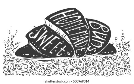 Hand-Drawn Croissant / Vector Bun With Inscriptions / Background For The Bakery / Sweet Homemade Buns / Nice Element For Your Project